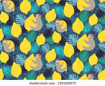 Cute sloths on the yellow lemons surrounded by tropical leaves. Beautiful brunch seamless pattern illustration.