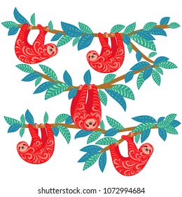 Cute sloths with ornament hanging on the branches of trees. Vector illustration.  