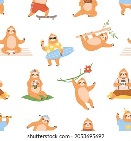 Cute sloths pattern. Seamless background with lazy funny baby animals. Endless repeating print. Repeatable kids texture with happy adorable characters. Colored flat vector illustration for decoration