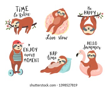 Cute sloths with quotes. Funny vector illustrations for print, posters, sticker kit. 