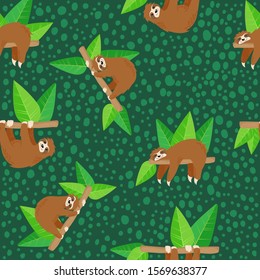 Cute sloths relaxing on tree branch with green leaves on dark green background with dots. Vector seamless pattern with hand drawn sloth bears in cartoons style. Best for textile, wrapping and web.