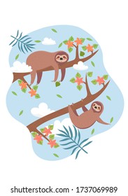 Cute sloths are resting on the branches. Vector graphics
