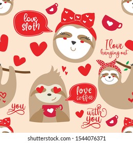 Cute sloths seamless pattern for valentines day. Vector background for print on textile or paper.