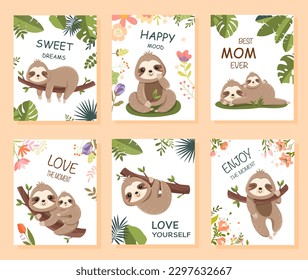 Cute sloths set of banners. Collection of posters for website. Exotic animal on branch, fauna and flora. Biology and wild life. Cartoon flat vector illustrations isolated on beige background