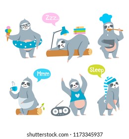 Cute sloths set isolated on white background. Lazy, sleepy, party, pool sloth. Vector illustration