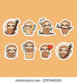 Cute sloths sticker pack in cartoon style. Vector illustration.