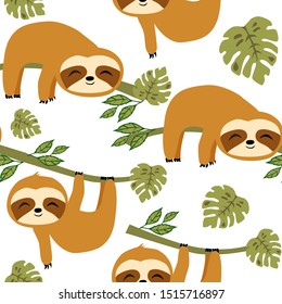 Cute Sloths Surface Pattern Vector, Baby Animal Sloth Repeat Pattern for Textile Design, Fabric Printing, Stationary, Packaging, Wallpaper  or Background

