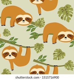 Cute Sloths Surface Pattern Vector, Baby Animal Sloth Repeat Pattern for Textile Design, Fabric Printing, Stationary, Packaging, Wallpaper  or Background
