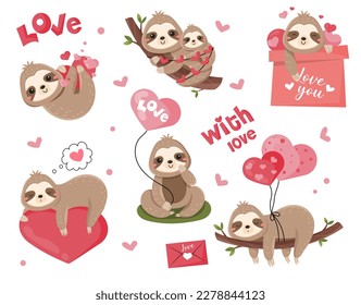 Cute sloths for Valentines Day set. Collection of stickers for social networks. Animals with hearts. Love, romance and tenderness. Cartoon flat vector illustrations isolated on white background