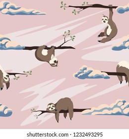 Cute sloths vector seamless pattern . Texture with cartoon animals and clouds on a pink background