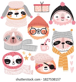 Cute Sloths in winter clothes. Childish characters - Christmas theme. Vector illustration.