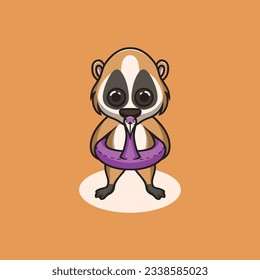 cute slow loris wearing duck floater cartoon illustration