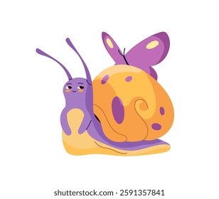 Cute slug character with pretty butterfly on its spiral shell. Happy snail with spotted pattern on coiled house on back. Funny snailfish crawls. Flat isolated vector illustration on white background