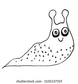 Cute slug smiles. He has dark bruises under his big eyes. The character is drawn in the style of line art. Cartoon doodle slug on a white background, vector Isolated illustration. Design of books