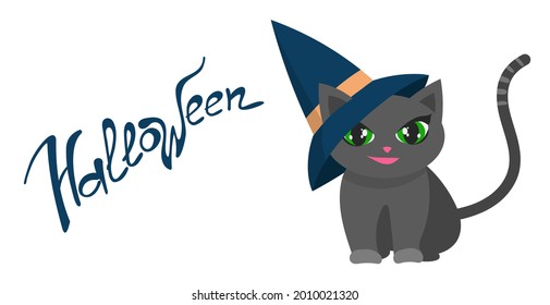 cute sly black kitten in a sharp hat for halloween, isolated on a white background