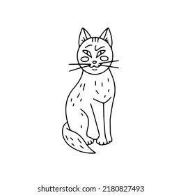 Cute sly grinning cat. Hand drawn line art Halloween illustration. Isolated on white