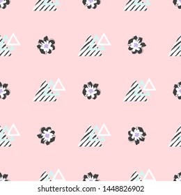 Cute Small Abstract Flowers and Textured Triangles on Pastel Pink Background