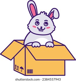 La pequeña y pequeña liebre adoptiva se sienta en una caja de cartón y espera ayuda al propietario. Conejo sin hogar. El concepto de cuidado de animales y mascotas. Ilustración de dibujos animados de trazo grueso aislados en fondo blanco