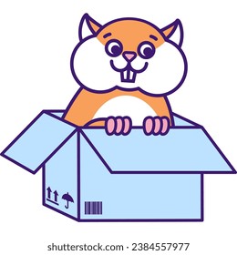 Cute small adopt red hamster sits in cardboard box and waits for owner help. Homeless guinea pig. Pets and animals care concept. Vector cartoon illustration in thick stroke isolated on white back