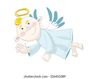 Cute small angel flying on the blue sky and cattering gold stars. Illustration, vector