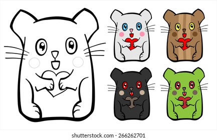 Cute small animal with heart in paws. Four various characters.