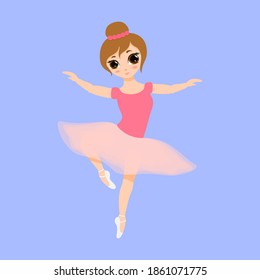 Cute small ballerina dancing. Ballerina girl in pink tutu dress. Beautiful kid flat cartoon vector illustration isolated on blue background.
