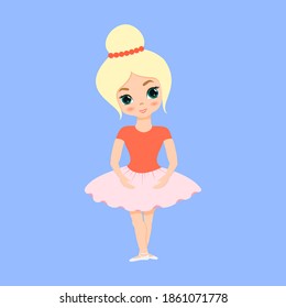 Cute small ballerina dancing. Ballerina girl in pink tutu dress. Beautiful kid flat cartoon vector illustration isolated on blue background.
