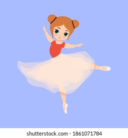 Cute small ballerina dancing. Ballerina girl in pink tutu dress. Beautiful kid flat cartoon vector illustration isolated on blue background.