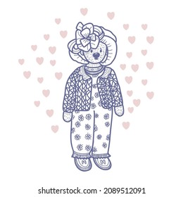 Cute un oso pequeño en el sombrero, ilustración dibujada a mano con corazones rosados. Diseño para envolver papel el día de San Valentín.