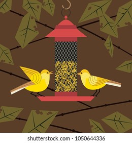 Cute small bird on feeder poster. Comic flat cartoon. Minimalism simplicity design. Small wild wood birds feeding by sunflower seeds. Template birdwatching card banner background. Vector illustration