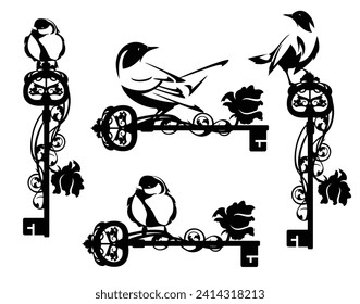 adorables pequeños pájaros con la llave del esqueleto antiguo decorada con la flor de rosa - cuento de hadas misterioso jardín diseño de vector blanco y negro