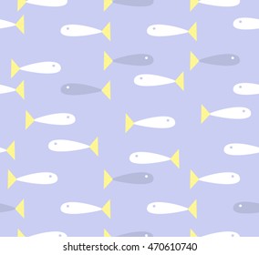 Cute small blue and white fish on blue sky background pattern seamless backdrop wallpaper. Vector image
