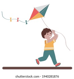 Cute small boy playing with kite and smiling. Flat vector illustration.