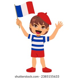 Cute small boy waving the flag of France vector illustration. Little child character holding French flag in flat style