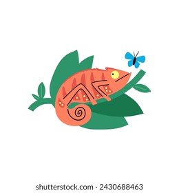 Cute small brown chameleon hunting on butterfly in liana foliage. Cartoon tropical lizard, predator animal flat vector illustration. Exotic guana pet from the wild jungle isolated on white