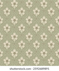 Cute small brown flowers motif pattern on olive green background. Modern décor ditsy floral baby doll dress fabric design textile swatch all over print block.