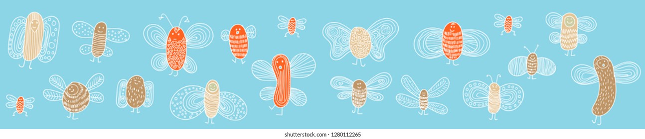 cute small bugs in vector. Funny insects in childish set. Scandinavian style bugs. Hand drawn vector pattern
