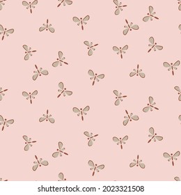 Cute small butterflies and moth bugs on a pink background. Simple tender seamless pattern.