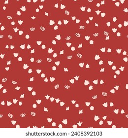Cute, small calico flower crown seamless repeat pattern. Random placed, vector minimal aop all over surface print on red background.