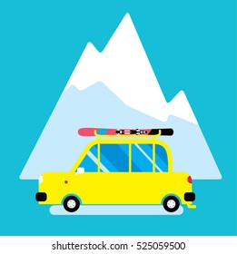 Cute small car with the skies on the roof on the snowing mountain background. vector illustration.
