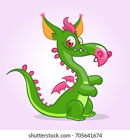 Cute small cartoon dragon. Vector illustration of dragon monster with small wings. Design for logo, emblem, print, t-shirt or children book illustration