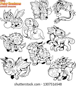 cute, small, cartoon, garden dragons, coloring book, set of funny images