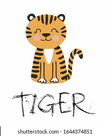 Cute, small, cartoon tiger, isolated vector on a white background, for a kids room poster. For printing on clothes, textiles, holiday packaging, postcards.