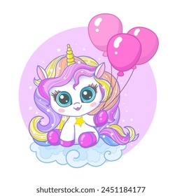 A cute, small, cartoon unicorn with a rainbow mane holds balloons. Fantastic kawaii character. For children's design of happy birthday greetings, cards, prints, posters, stickers, etc. Vector illustra