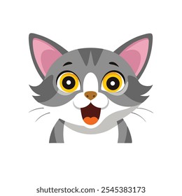 Cute small cat with yellow eyes facing camera open mouth, Shocked cat, Portrait of Cat, Worried Cat isolated flat vector illustration on w