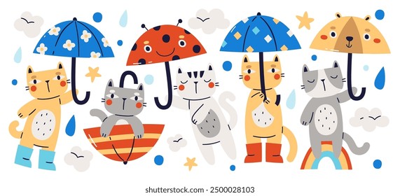 Cute small cats hand drawn characters with umbrella flying in rainy cloudy sky childish motif. Feline domestic pets with parasol vector illustration. Decorative pattern design for greeting cards