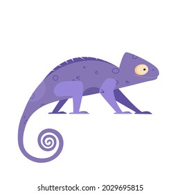 Cute small chameleon lizard in flat style. Vector illustration of animal on white background.