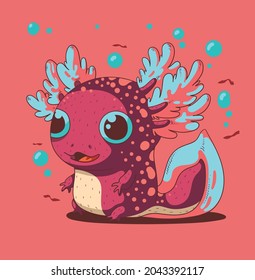 Cute small cheerful axolotl is captivated by something