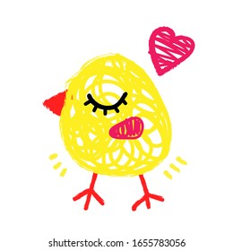 Cute small chick fell in love. Vector character isolated on white. Happy Easter design element, sticker, symbol, logo, icon, print.