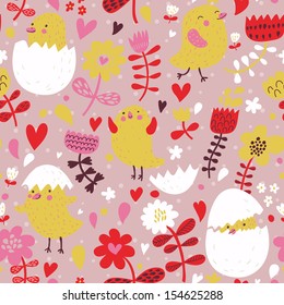 Pequeño pollo lindo con flores. Concepto de un patrón sin fisuras en el vector